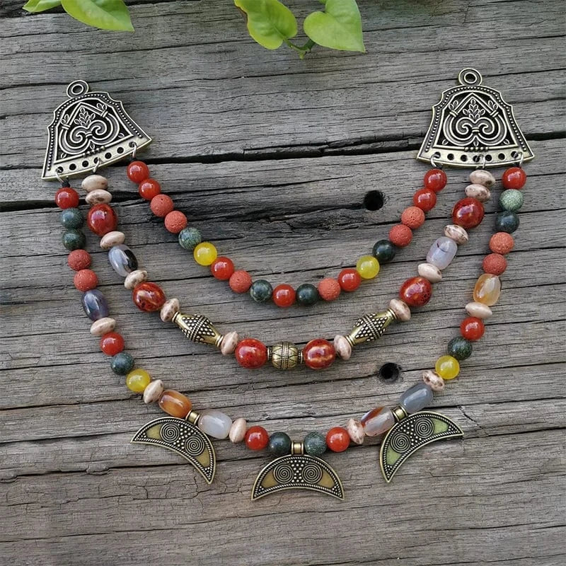 Ethnic Beads Necklace Slavic Viking Moon Brooch - Image 3