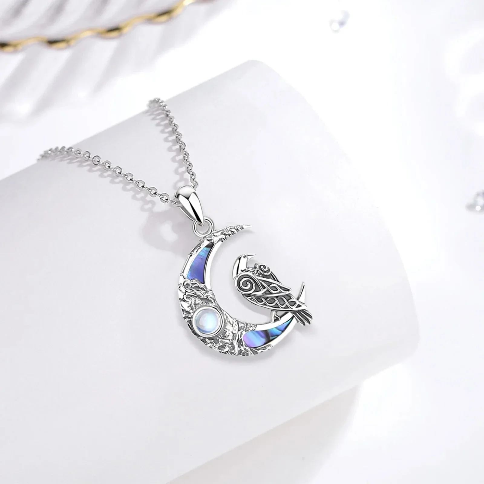 925 Sterling Silver Abalone Shell Raven Moon Necklace - Image 4