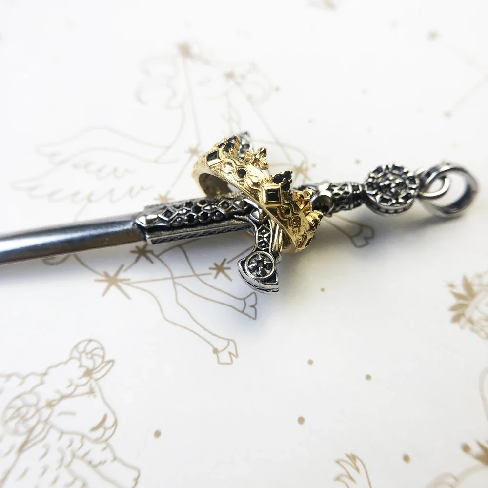 925 Sterling Silver Sword and Crown Pendant Necklace - Image 9