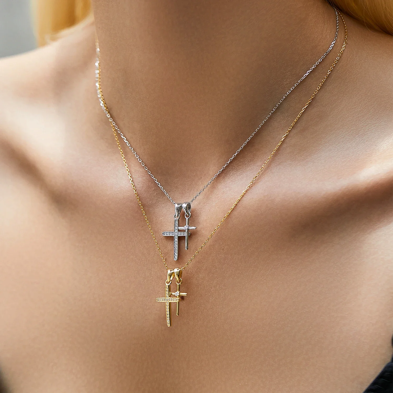 Double Cross Pendant Necklace 925 Sterling Silver Zircon - Image 3