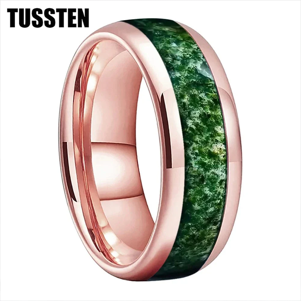 Green Moss Agate Inlay Tungsten Carbide Wedding Band - Image 8