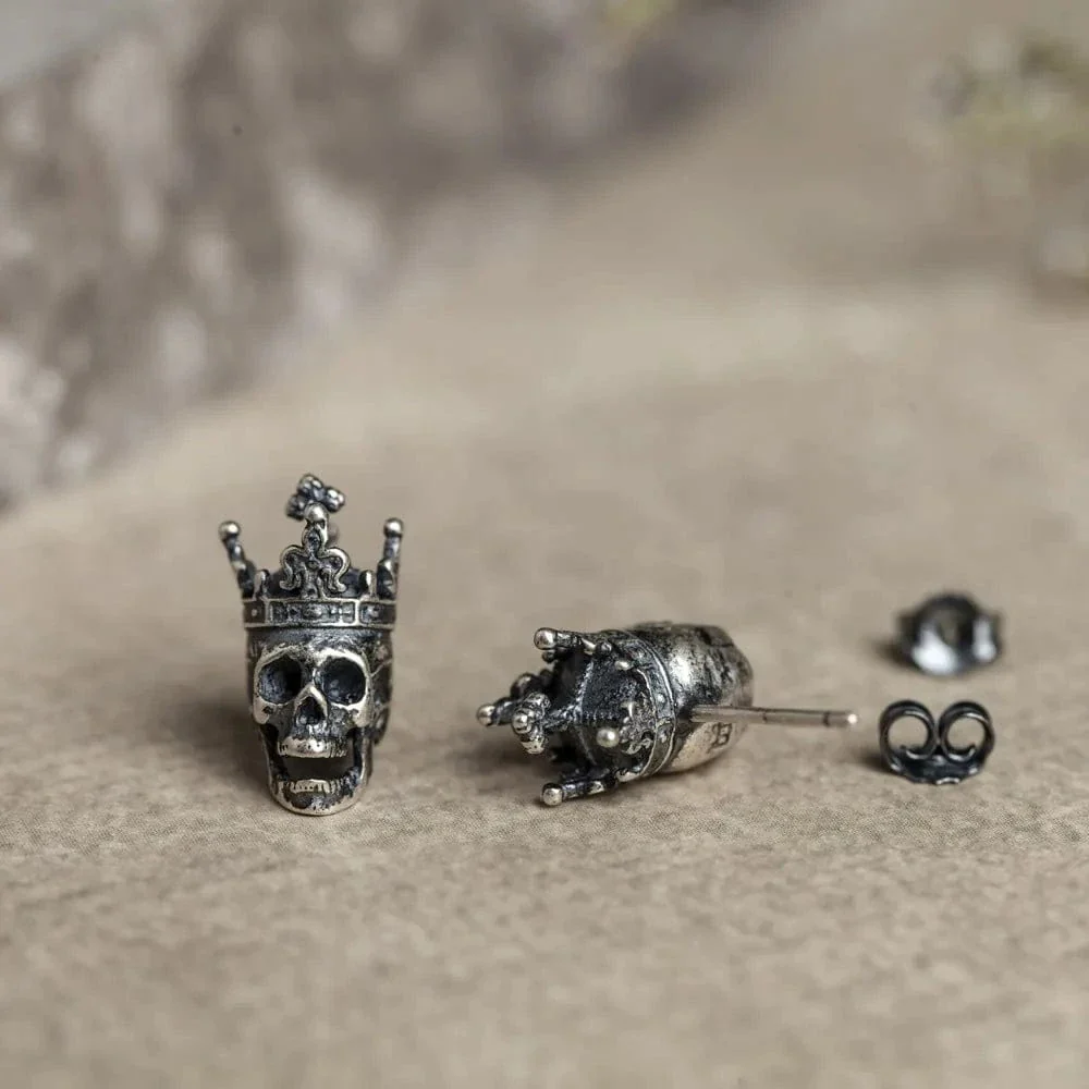 Skull King Crown 925 Sterling Silver Stud Earrings - Image 3